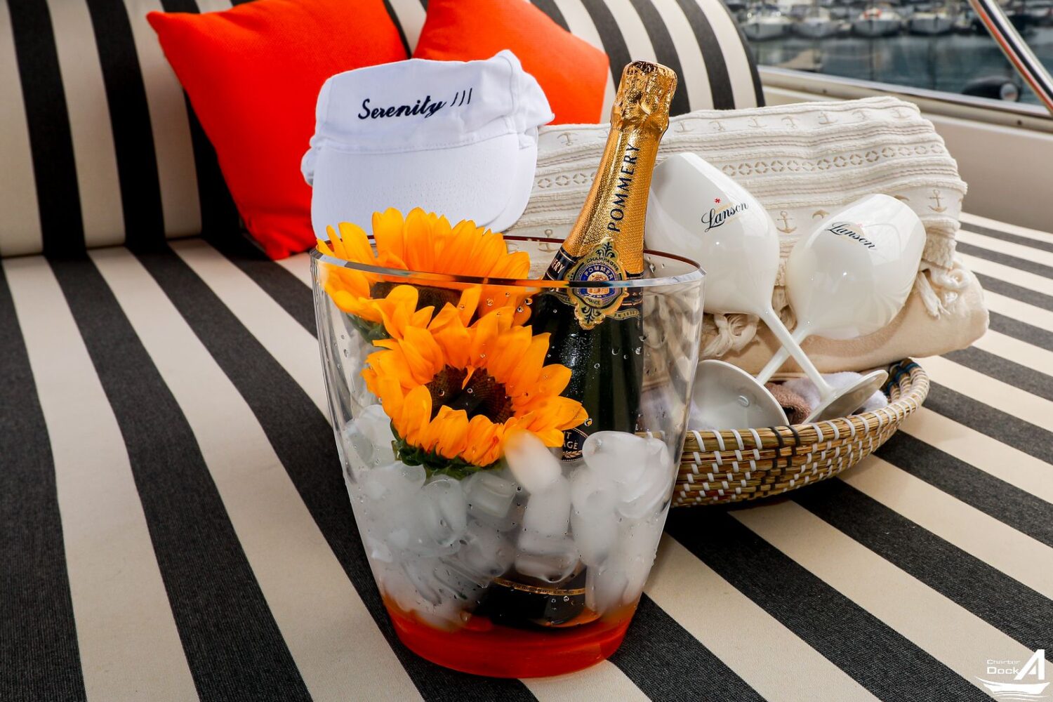 Champagne on a Luxurious super yacht anchored in the azure waters of Naples Italy